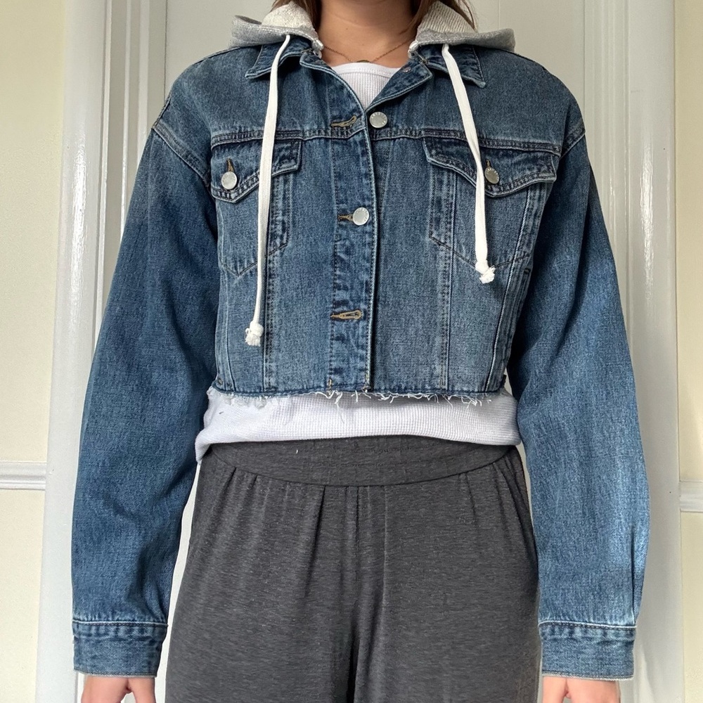Forever 21 Blue Denim Jacket with Cream Hood